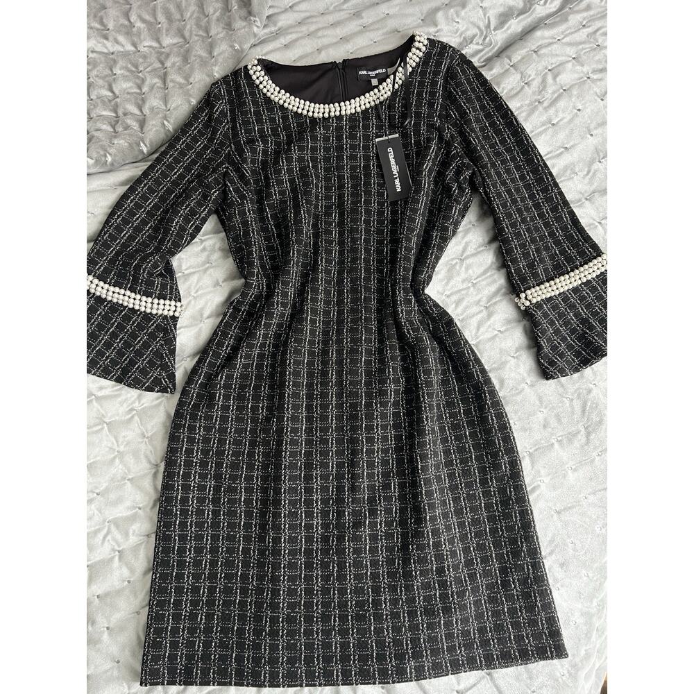 Karl Lagerfeld dress tweed pattern dress pearl bell sleeve sz 16